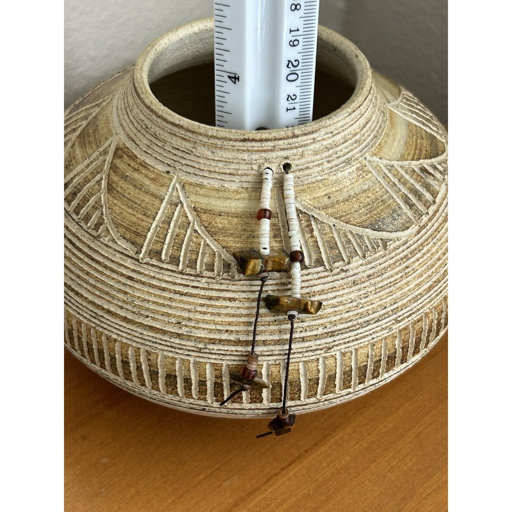 Studio Pottery Vase Stone And Beaded Accent Tassels Signed by Artist - Picture 5 of 8